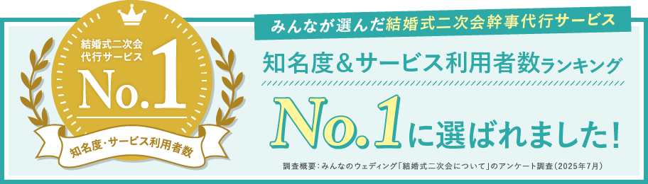結婚式代行サービス 知名度・サービス利用者数No.1 みんなが選んだ結婚式二次会幹事代行サービス 知名度＆サービス利用者数ランキングNo.1に選ばれました！